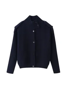 Women Stand-Up Collar Asymmetric Button Epaulet Ribbed Knit Cardigan Main View Display