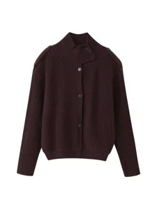 Dark brown ribbed knit cardigan with stand collar, asymmetric buttons, and shoulder epaulets.