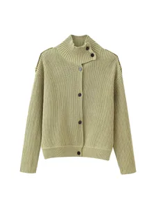 Womens stand collar ribbed knit cardigan solid color long sleeve button up casual sweater