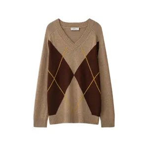 Herbst V-Ausschnitt Argyle Kontrastfarbe Lose Langarm Strickpullover für elegante Damen