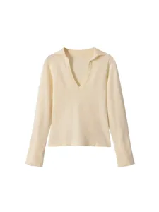 Damen Slim Fit V-Ausschnitt Revers Langarm Strick Top Einfacher Lässiger Einfarbiger Pullover Eleganter Herbst Mode Kleidung Top