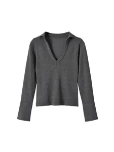 Dunkelgrauer Langarm Polokragen V-Ausschnitt schmaler Strickpullover Oberteil Damen.
