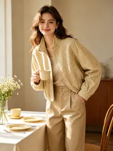 2026 Autumn plaid bomber jacket women stand collar short casual checkered coat new
