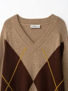V-Ausschnitt Karo-Muster Strickpullover Damen langarm Herbst Freizeit Oberteil schick stilvoll
