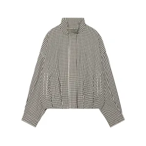 Check out this stylish black and white plaid stand collar short casual jacket detail view.