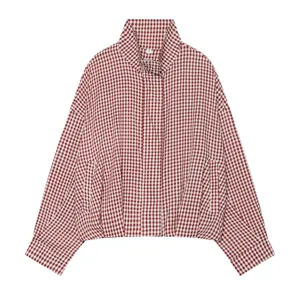 Red and white gingham plaid jacket detail, casual stand-up collar design, soft cotton fabric view