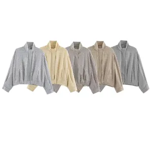 Women's plaid high collar cropped jacket casual loose pleated hem outerwear variant show