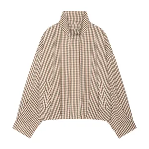 Women autumn casual stand collar brown gingham plaid loose short jacket outerwear