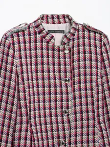 Stylish tweed blazer jacket for women, featuring a chic stand collar and metal buttons.
