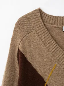 Nahaufnahme von Damen Herbst Retro V-Ausschnitt Farblock Strickpullover mit Rippkragen.