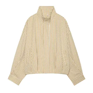 Detailed view of the women casual stand collar plaid jacket in a stylish cropped loose fit design.