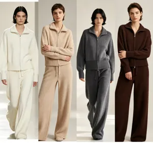 Women's solid color zip-up cardigan and wide-leg knit pants set, casual autumn 2-piece lounge outfit.