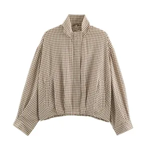 Women's brown checkered stand collar bomber jacket casual short plaid fashion outerwear