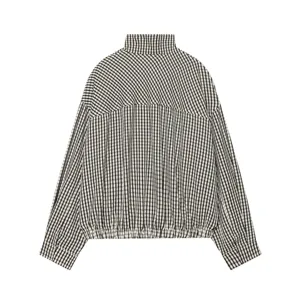 Black and white plaid check pattern long sleeve stand collar casual short jacket detail