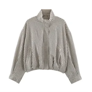 Detailed view of women casual plaid bomber jacket, short stand collar and gathered hem.