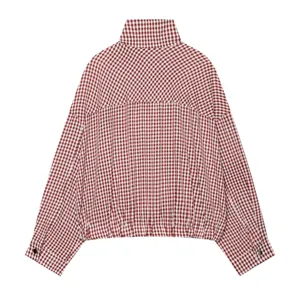 Red and white gingham pattern detail on the stylish stand collar short casual jacket.