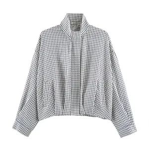 Blue and white checkered high neck short jacket with relaxed fit and button closure.