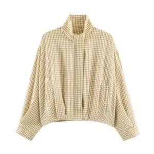 Women brown gingham plaid cropped pilot jacket stand collar casual outerwear autumn new
