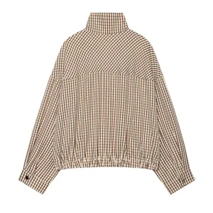 Women brown gingham plaid stand-up collar loose casual short jacket for autumn fashion.
