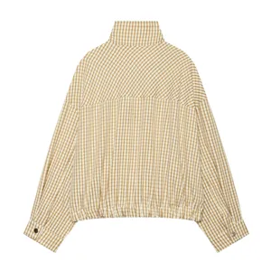 Back view details of women's khaki plaid stand-up collar short casual loose jacket.