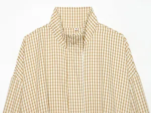 Casual checkered stand collar jacket detail view, stylish short loose autumn outerwear for women.
