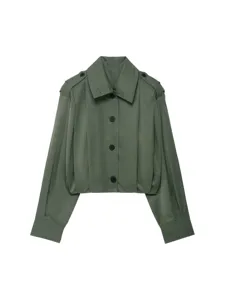 Modische olivgrüne Damen Kurzjacke mit Schulterklappen und Frontknöpfen für Herbst.