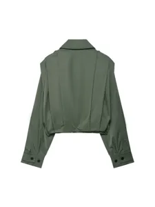 Damen Grüne Gekürzte Jacke Herbst Mode Langarm Reverskragen Stilvolle Oberbekleidung