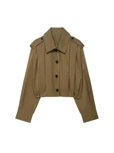 Damen Herbst khaki kurze Trenchcoat Jacke mit Revers und Knöpfen, vordere Hauptansicht Foto.