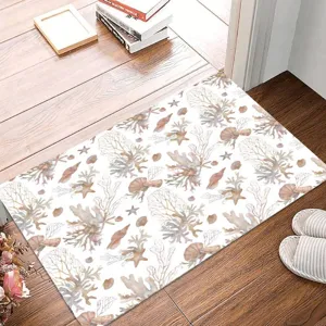 Tapis de sol imprimé coraux et coquillages à l'entrée, tapis absorbant antidérapant en scène.