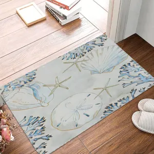 Beau tapis de sol à thème océan avec motif de coquillages et étoiles, vue détaillée.