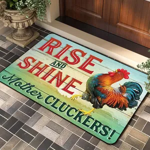 Detailed view of the vintage rooster doormat with non-slip backing and farmhouse print.