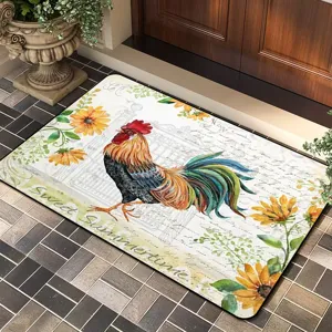 Decorative rooster doormat with sunflower print and vintage script, perfect for home entrance.