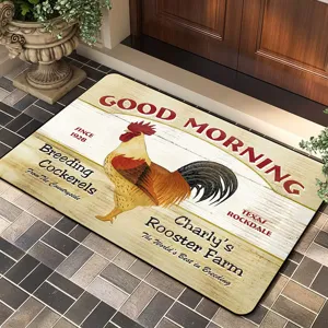 Farmhouse rooster pattern doormat, non-slip absorbent floor mat for home entrance.