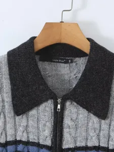 Autumn colorblock cable knit cardigan retro lapel zip-up slim short sweater for women