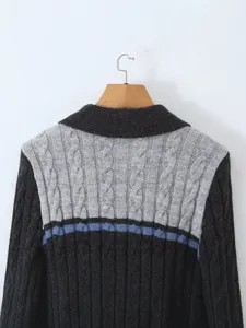 Women vintage lapel color block cable knit sweater short stylish cozy casual chic top apparel