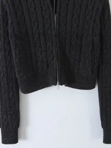 Women's dark grey cropped cable-knit zip-up cardigan, classic texture, comfortable fit for autumn fashion.
