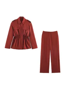 Women casual solid color two piece set jacket and loose trousers outfit for autumn fashion wear