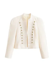 Women retro stand collar cropped military blazer jacket with chic metal buttons and trim.