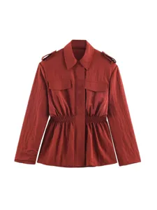 Women's red stylish casual long sleeve jacket with smocked waist and peplum hem main