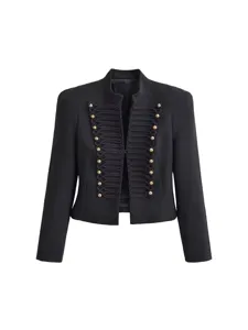 Women black stand collar palace style cropped blazer with gold metal buttons and braided trim.