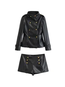 Women Biker Style Polyester Faux Leather Jacket And Shorts Top And Bottom Double Breasted Slim Fit Stand Collar Casual Streetwear Suit