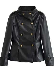 Black faux leather jacket for women, stylish stand collar and double breasted buttons.