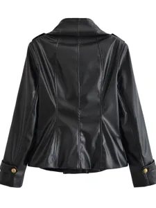 Black faux leather stand collar slim fit jacket coat, stylish women outerwear main view.
