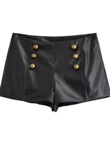 Women's black high-waisted faux leather shorts with vintage double-breasted brass buttons main image