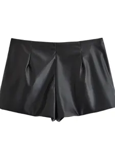 Women's black faux leather pleated shorts, high waist PU leather chic stylish casual bottoms.