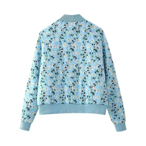 Detailed close-up view of the light blue daisy floral jacket back with rib-knit cuffs.
