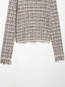 Women tweed knit cardigan sweater autumn fringe long sleeve stylish chic outerwear top.