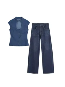 Women Retro Hollow Sleeveless Denim Top And Wide Leg Pants Casual Minimalist Polyester Suit Outfit Regular Fit