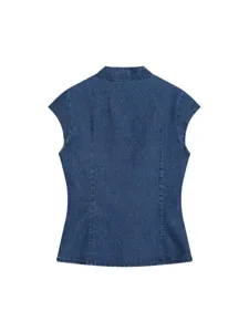 Women's vintage blue denim sleeveless top slim fit casual stylish shirt for daily wear.