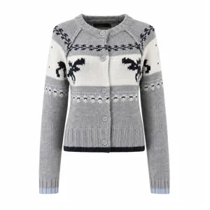 Close up detail of women grey white Nordic elk jacquard knitted cardigan sweater knitwear.